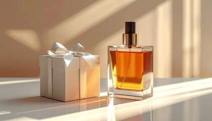 Elegant Perfume Bottle Beside Gift Box with Soft Light Effect