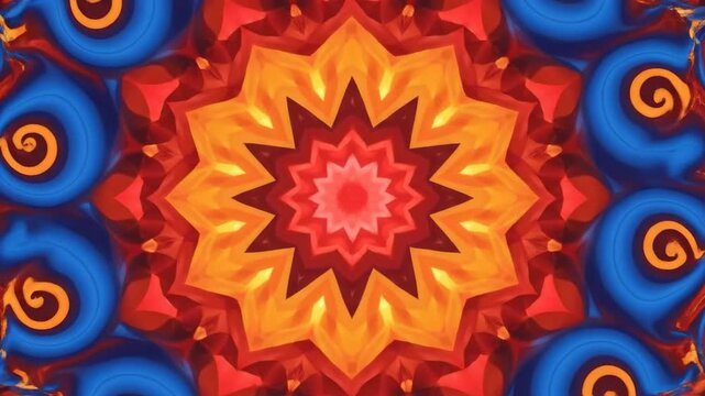 Symmetrical Abstract Kaleidoscope Pattern Red Blue Orange Swirls Geometric Ornate Designs