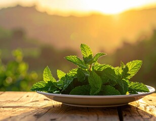 Fresh mint on a plate, sunny background