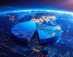 A luminous blue pie chart representing data on the illuminated Earth, emphasizing global connections and technology