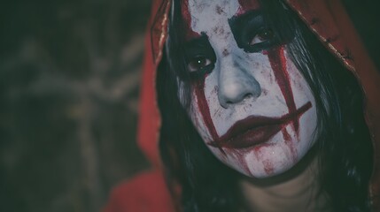 Close-up of a person with dramatic face paint and a red hood, creating a spooky and mysterious atmosphere.