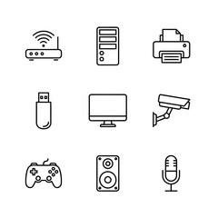 Outline Icons Set of Computer Peripherals, Security and Multimedia Devices