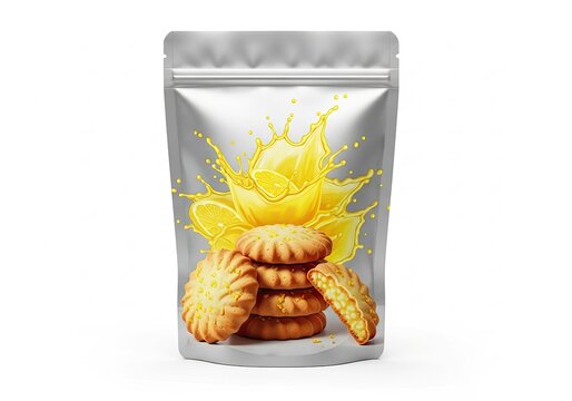 Silver matte pouch featuring lemon cookies with yellow citrus splash behind