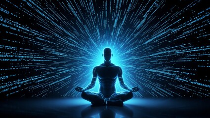 Humanoid meditating in digital code environment
