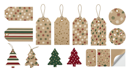 Little gift tags and labels set, kraft paper, festive patterns