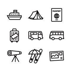 Outline Icons Set for Travel, Camping, Vacation, and Outdoor Adventures