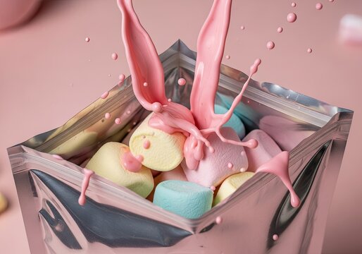 Silver glossy pouch showing pastel marshmallows with strawberry cream splash