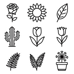 Outline Icons Set of Various Botanical Plants, Flowers, and Leaves