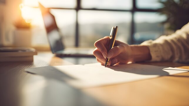 Close-up of a persons hand writing on paper with a pen at a desk, with a laptop in the background, bathed in warm sunlight.