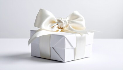 Obraz premium Elegant White Gift Box with Satin Bow on Simple Background