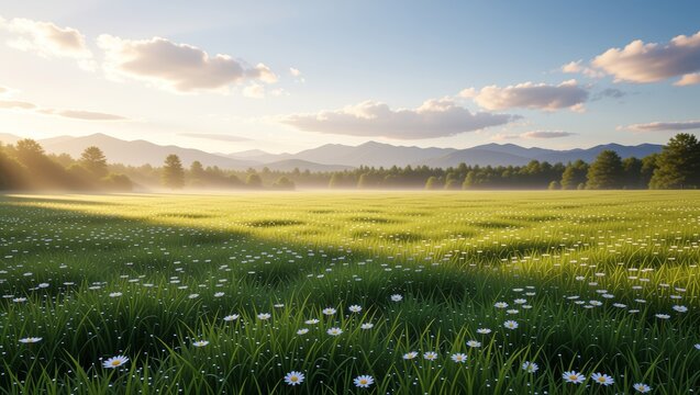 Sunlit meadow with daisies and distant mountains