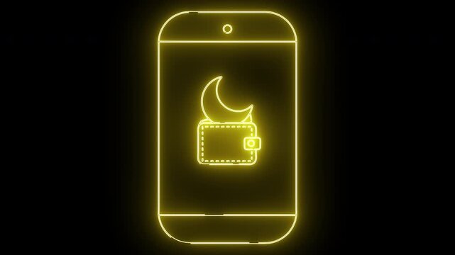Yellow neon phone outline with moon  wallet icon on black background