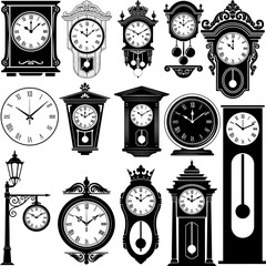 Grandfather, Wall, and Street Clock Icons in Black and White