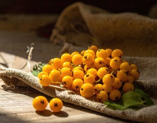 Cluster of bright yellow berries on burlap under warm sunlight