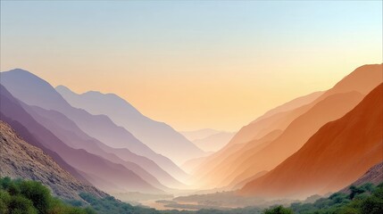 A scenic landscape featuring a mountain range at sunset, with layers of mountains fading into the distance, creating a sense of depth and tranquility.