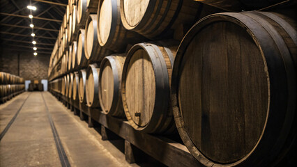 Vintage oak wine barrels storing fermenting alcohol in a wooden winery cellar