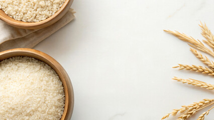 Organic raw wheat grain in wooden bowl and wheat for cooking healthy vegetarian meal