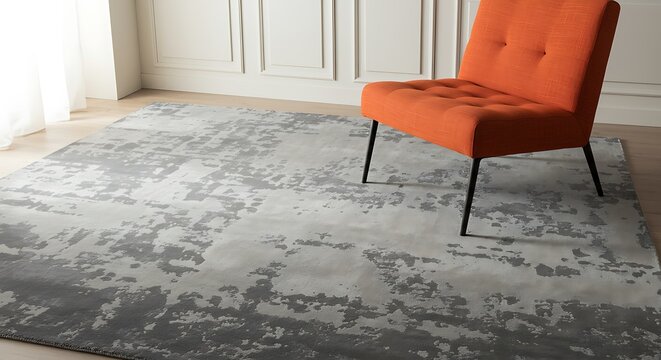 Minimalist Room: Gray Rug & Orange Accent Chair.
