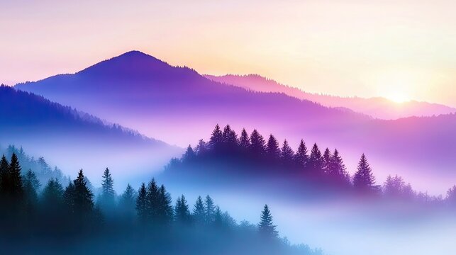 A beautiful landscape of mountains and trees shrouded in mist at sunrise, with vibrant purple and blue hues.