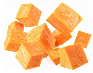 Orange cubes float, textured surface, against white