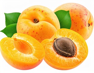 Ripe apricots whole, halved with pit, green leaves