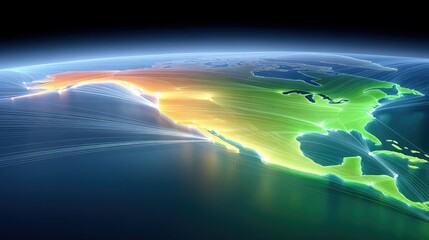 A vibrant, glowing illustration of North America with data lines representing global connectivity and communication. The image has a modern, artistic design.