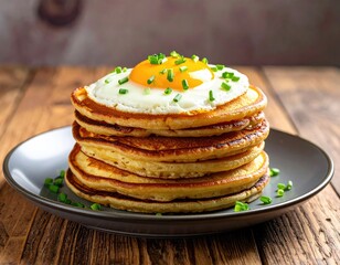 Pancakes topped w/ egg & chives on gray plate, wood table