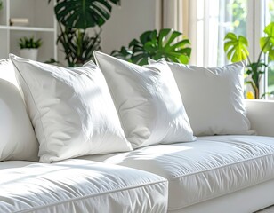 White couch with pillows, plants and sunlight
