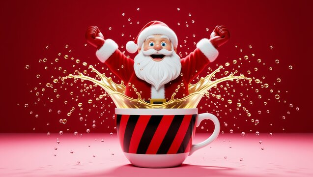 Santa Claus emerging from golden coffee cup