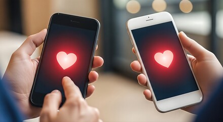 Two hands holding smartphones displaying glowing heart icons, symbolizing love and connection, perfect for Valentine's Day celebrations and romantic themes with copy space