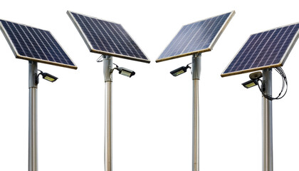 Obraz premium Row of Three Solar Panels on Poles Isolated on White Background