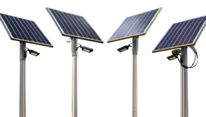 Row of Three Solar Panels on Poles Isolated on White Background