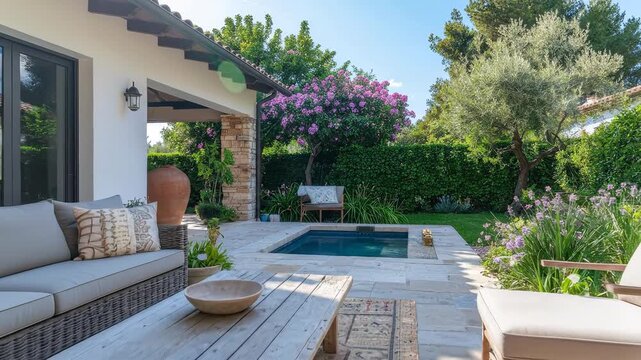 Sunny Outdoor Living Space With Wicker Sofa And Small Plunge Pool Surrounded By Lush Greenery And Purple Flowering Bushes