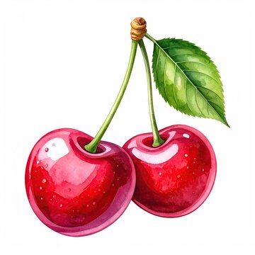 Two Ripe Cherries with Stem and Leaf Watercolor Illustration.