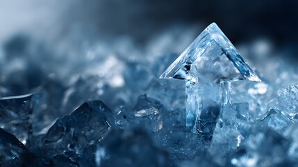 Close-up of a sparkling blue crystal surrounded by other ice-like fragments.