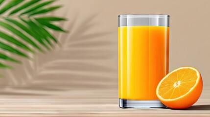 A glass of orange juice with a half orange on a wooden table. A green leaf and its shadow are visible in the background, with bright, sunny lighting.