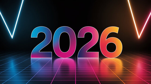 Vibrant 2026 new year celebration with neon glow