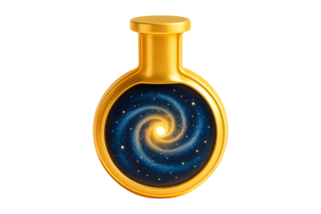 Universe in Bottle. Fantasy Alchemy. Magical Elixir. A golden ornate bottle containing a glowing cosmic galaxy isolated as a PNG clip art on a transparent background for magic games or mystical