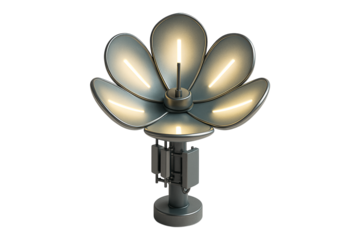 Flower Solar Panel. Modern Eco Technology. Sustainable Energy Innovation. A futuristic metallic flower solar panel emitting light isolated as a PNG clip art on a transparent background for green power