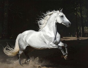 A majestic white horse leaps gracefully in a sun-dappled forest clearing, mane and tail flowing. Dust swirls around its hooves