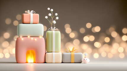 Cozy Christmas Eve Gifts by Fireplace with Soft Bokeh and Copy Space（6）