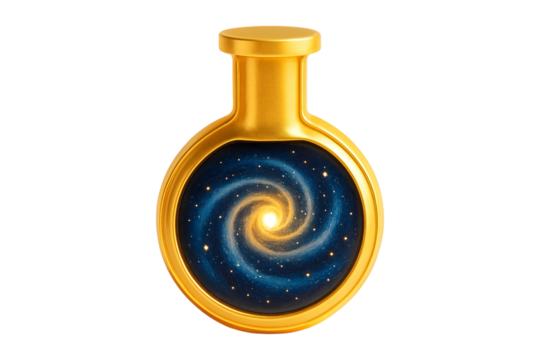 Universe in Bottle. Fantasy Alchemy. Magical Elixir. A golden ornate bottle containing a glowing cosmic galaxy isolated as a PNG clip art on a transparent background for magic games or mystical