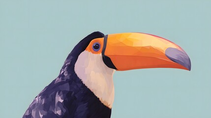 Obraz premium Close-up of a Toucan with a Vibrant Orange Beak Against a Light Blue Background.