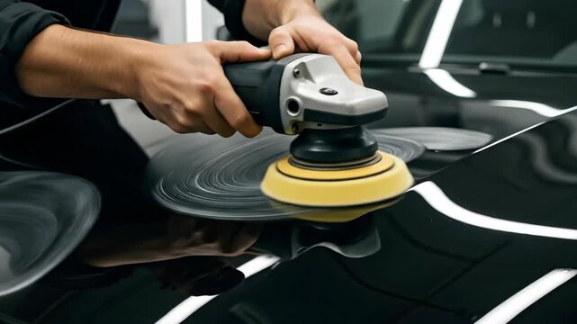 Car detailing process: hand polishing with electric buffer for a glossy finish on black vehicle