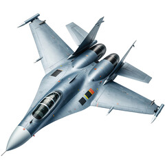 Detailed Top View of a Blue and Gray Fighter Jet Aircraft with Transparent Background Ideal for Aviation Graphics and Design Projects