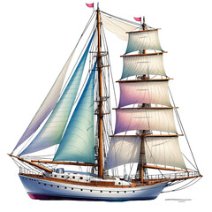 Detailed Watercolor Illustration of a White Tall Ship With Full Sails on a Calm Sea Under a Light Blue Sky