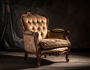 A luxurious, ornate, antique armchair sits in a dimly lit, weathered room. The chair boasts detailed woodwork and plush cushions