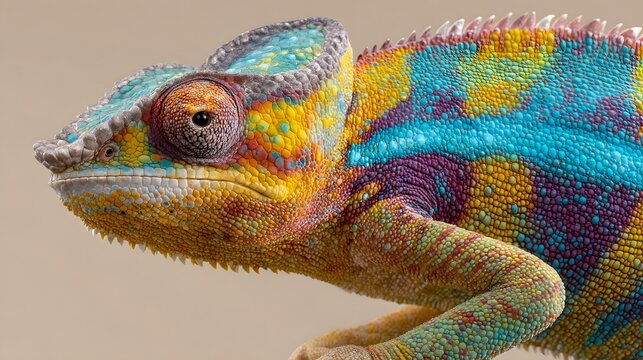 Close-up of a vibrant chameleon showcasing its colorful skin patterns and unique eye. - Powered by Adobe