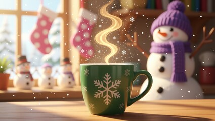 Green mug with snowflakes and steam near snowmen and stockings