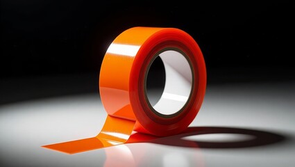Bright orange tape roll with peel on dark reflective surface